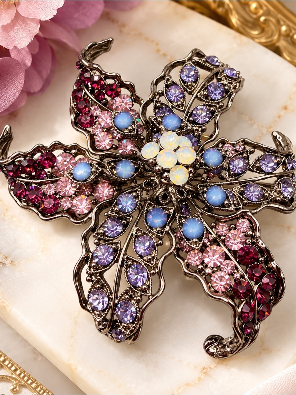 Y2K Oversized Rhinestone Brooch Pendant 3” Floral Statement Gunmetal